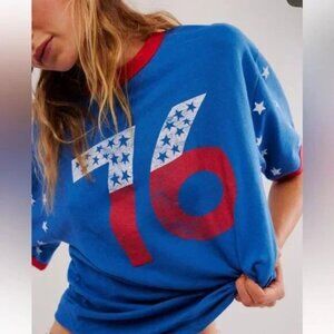 Free People Lost & Found Ringer T Shirt Blue Vintage Wash Oversized Size Large